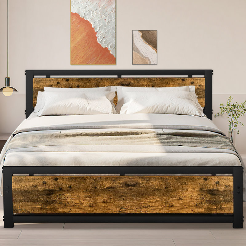 17 Stories Bed Frame with Headboard and Footboard, Strong Black Metal